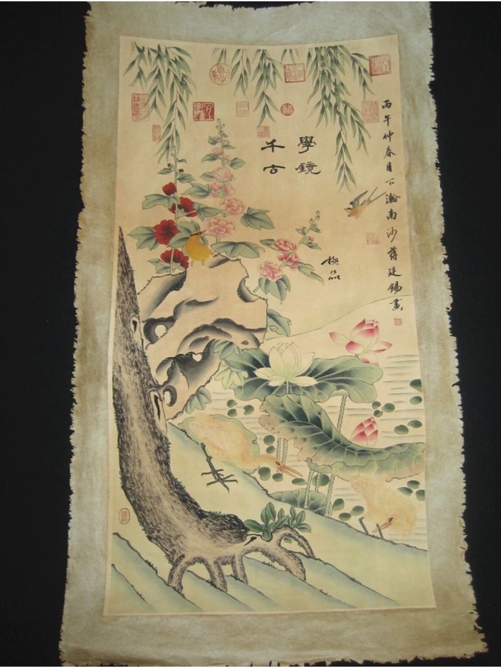 Antique Old Chinese Painting Scroll Birds Flowers on Rice paper By Jiang Tingxi